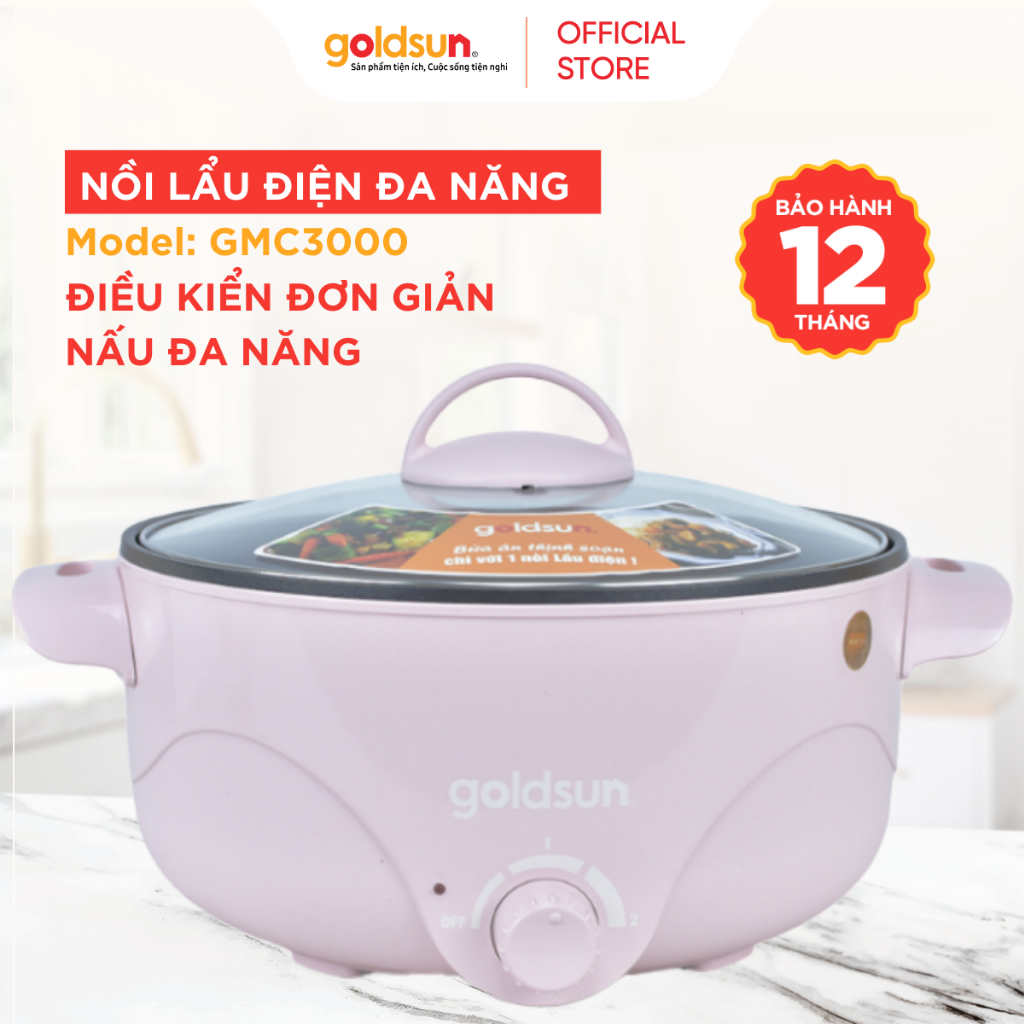 Nồi lẩu điện đa năng Goldsun GMC3000 dung tích 3L, lòng nồi Inox chống dính, bảo hành 12 tháng