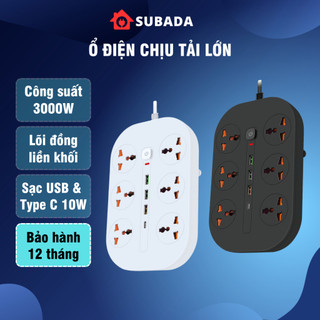 Ổ điện đa năng 3000W chống giật chống cháy cao cấp Subada có cổng sạc USB và type C 10W chân cắm 2 chấu thông dụng OD23