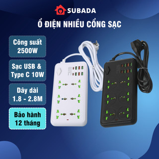 Ổ điện đa năng thông minh 2500W Subada chống giật chống cháy chống va đập 6 cổng USB và 2 cổng type-C 10W 1.8-2.8m OD24