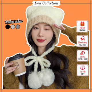 Mũ Len Trùm Tai Unisex, Nón Len Nữ Tai Mèo Phối 2 Màu Kèm Dây Dài Đuôi Bông Đáng Yêu Thời Trang Thu Đông - Mã NL048
