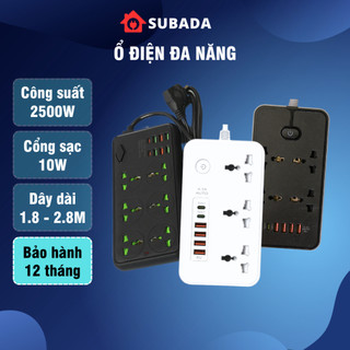 Ổ điện 2500w đa năng thông minh chống giật chân cắm 2 chấu Subada có type C 15w USB 10W tiện lợi bảo hành 12 tháng TH1