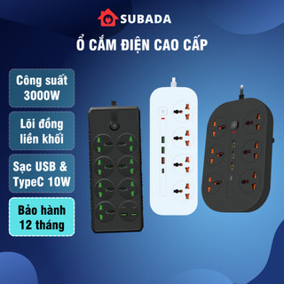 Ổ cắm điện 3000W cao cấp chống giật chống cháy đa năng Subada có type C 15W USB 10W tiện lợi bảo hành 12 tháng TH2