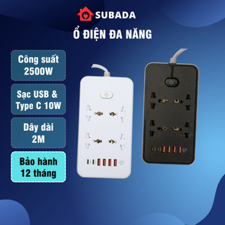 Ổ cắm điện đa năng 2500W Subada chống giật chống cháy chống va đập 4 cổng USB và 2 cổng type-C 10W dây 2m OD25