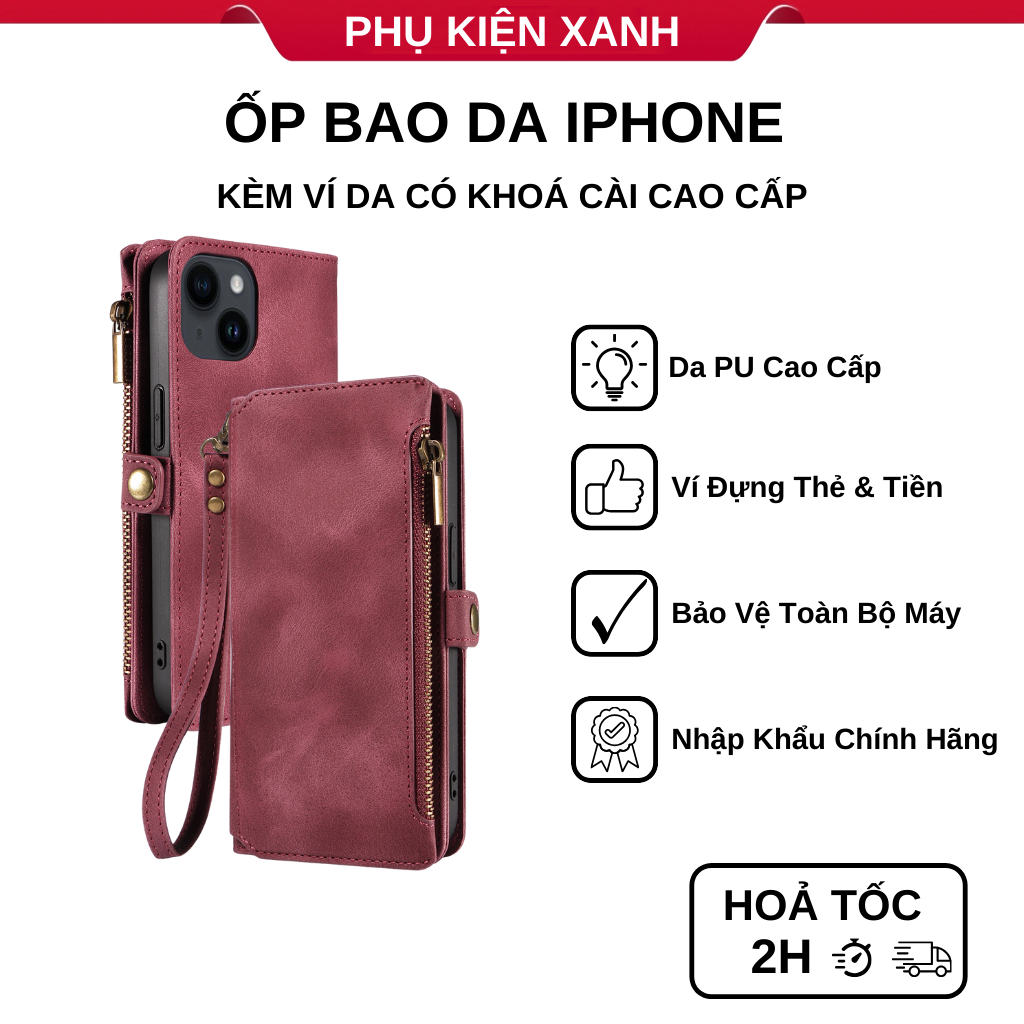 Ốp Bao Da Khóa Cài Nắp Gập Cao Cấp Kèm Ví Để Thẻ, Card, Tiền Cho iPhone X/XS Max/11/15 Pro Max - PKX