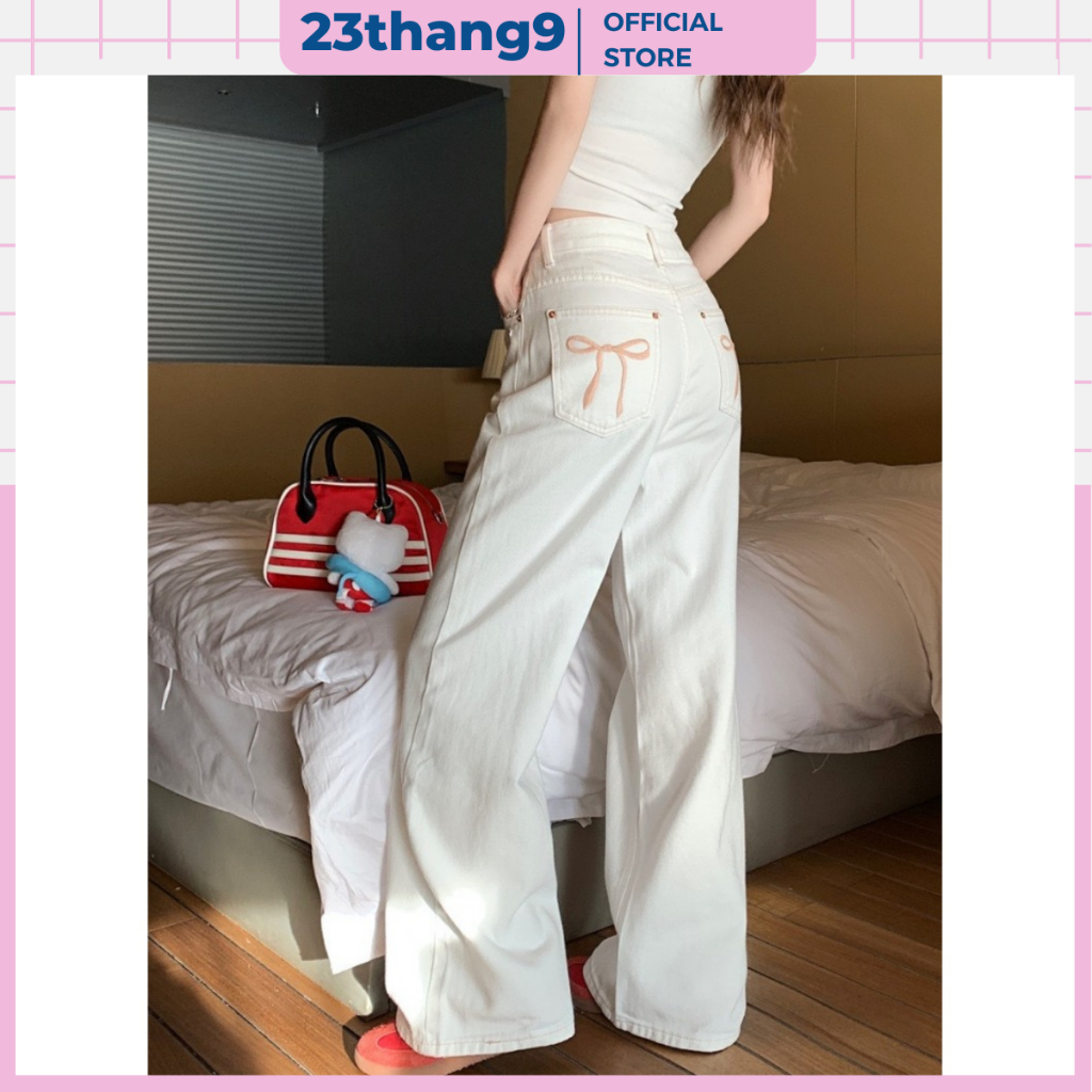  Quần jean kaki màu trắng ống suông  quần bò kaki thêu nơ hồng ống rộng cạp cao hot trend phong cách hàn quốc 259 
