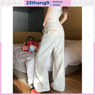 Quần jean kaki màu trắng ống suông , quần bò kaki thêu nơ hồng ống rộng cạp cao hot trend phong cách hàn quốc 23thang9
