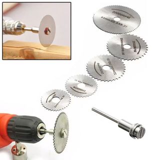  Lưỡi cắt mini dùng cắt gỗ thép HSS  5 đĩa cắt răng + 2 chân cán 6mm  7 chi tiêt 