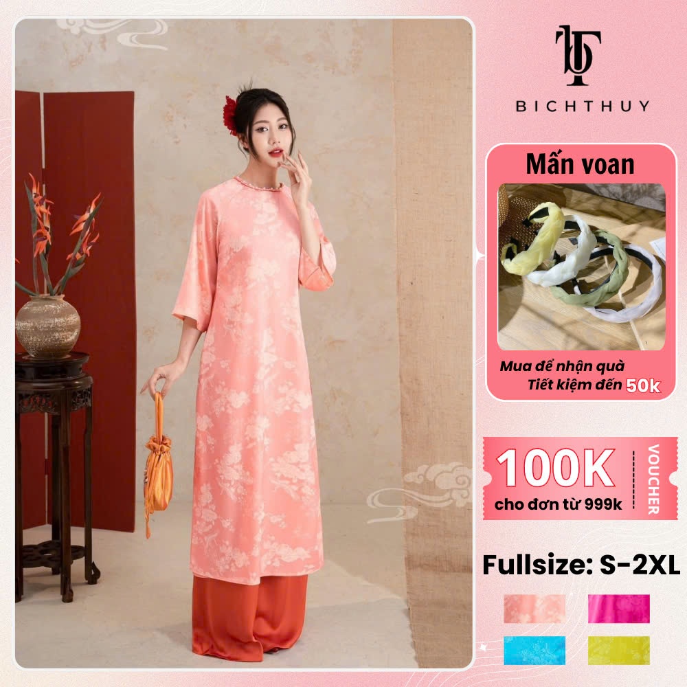 Dài Cách Tân Áo Dài Gấm Thiết Kế Cổ Tròn Đính Kết Tỉ Mỉ