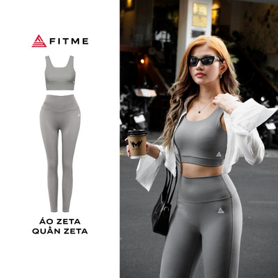 Bộ thể thao tập gym yoga Fitme áo Bra Zeta thấm hút mồ hôi, quần legging Zeta cạp cao Dark Grey