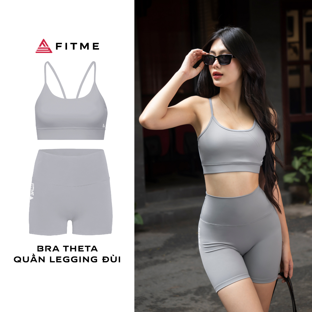 Bộ đồ tập gym yoga Fitme áo bra thể thao Theta, Quần legging đùi Rhino Grey