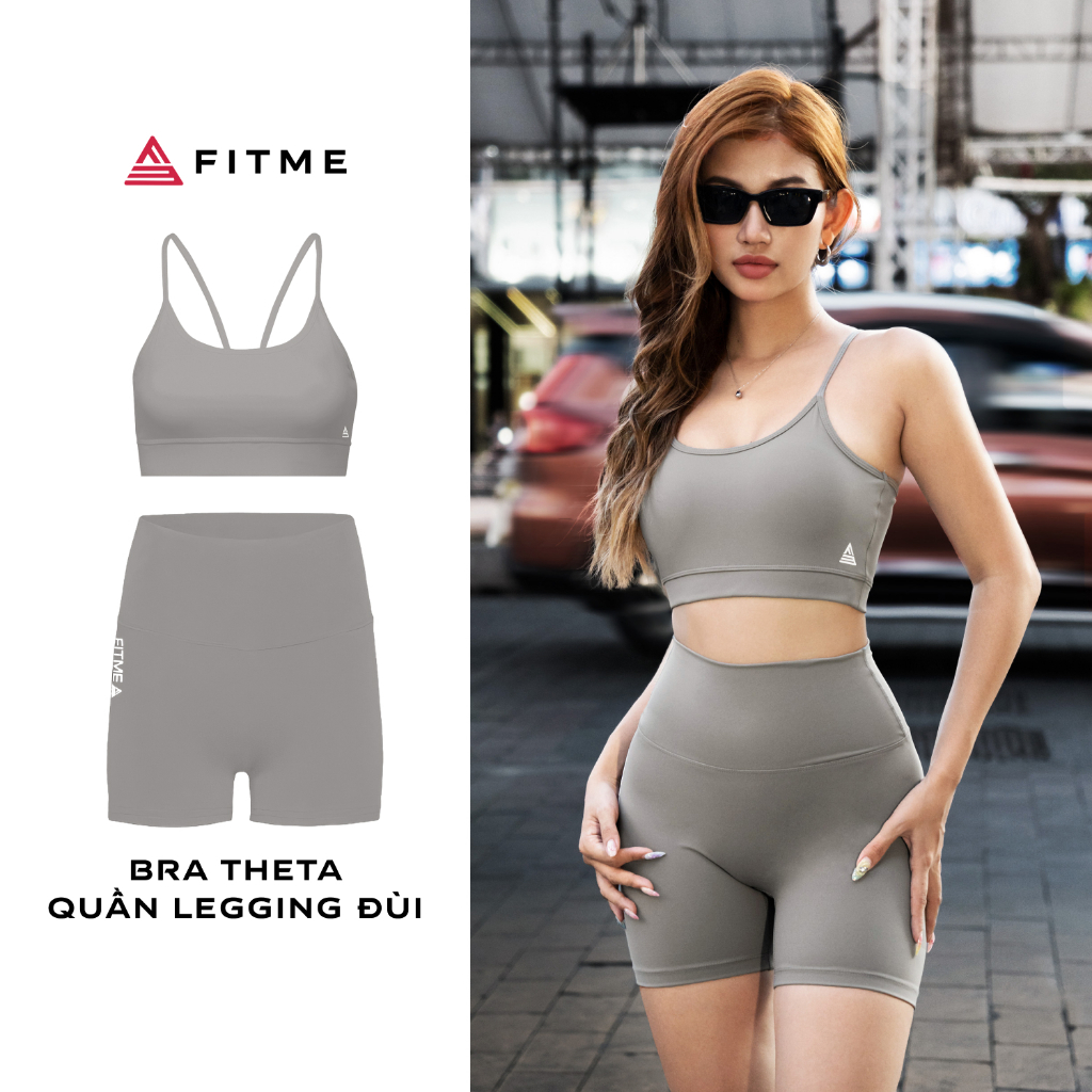 Bộ đồ tập gym yoga Fitme áo bra Theta thoáng khí, Quần legging đùi Dark Grey