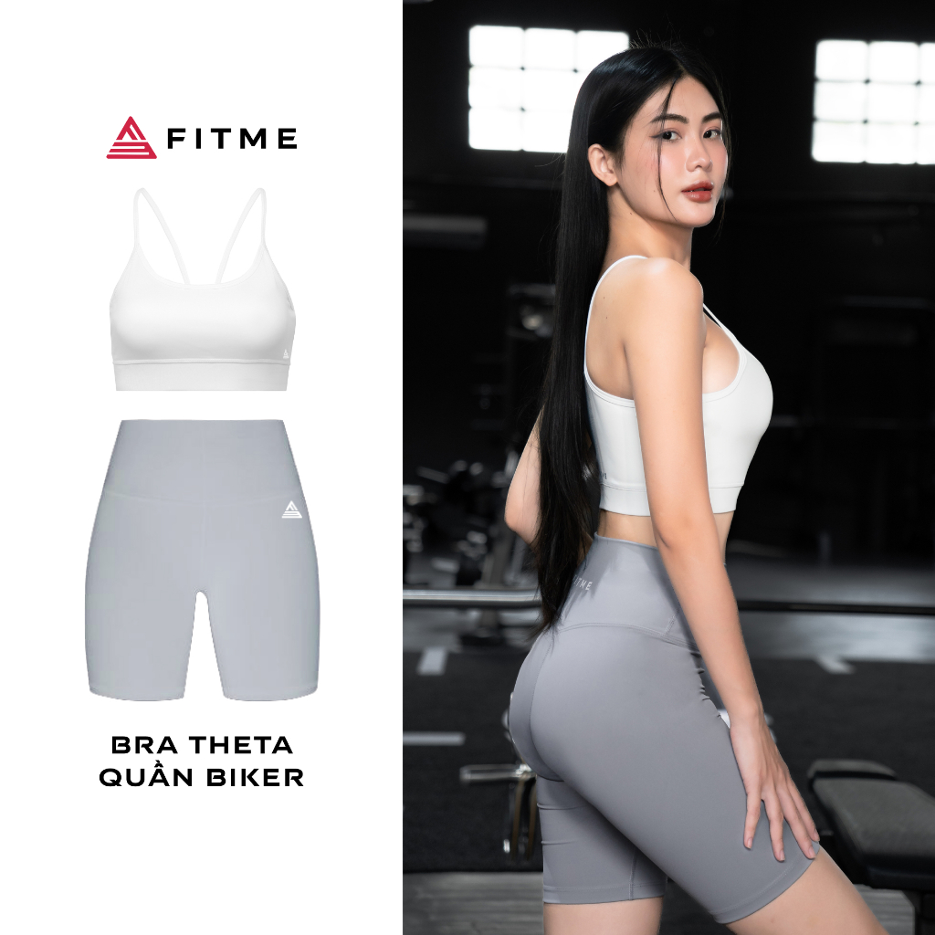 Bộ đồ thể thao nữ gym yoga Fitme áo bra Theta Trắng, quần legging lửng Rhino Grey cạp cao tôn dáng