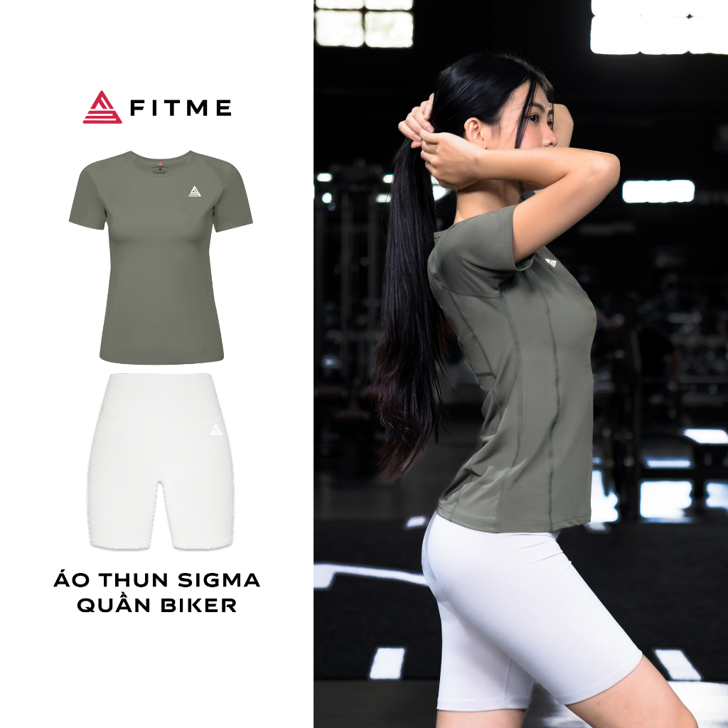 Bộ đồ tập gym yoga Fitme áo thun thể thao Sigma Xanh Rêu, quần legging thun biker Light Grey hai lớp
