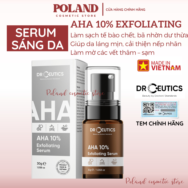Serum DrCeutics AHA Glycolic, Laclic 10% Exfoliating, Tinh chất tẩy da chết dưỡng sáng da 30ML