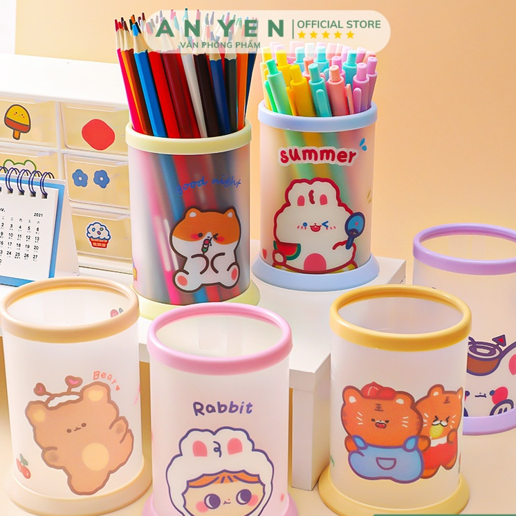 Hộp Đựng Bút Gấp Gọn Trong Suốt Hoạt Hình , Hộp Đựng Bút Tròn Để Bàn Văn Phòng