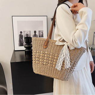 Túi cói đi biển du lịch lót vải bên trong, miệng có khoá kéo cao cấp sang chảnh thời trang Hàn Quốc