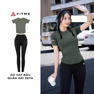 Bộ thể thao tập gym yoga Fitme áo thun vạt bầu Xanh rêu, quần legging dài Zeta Đen