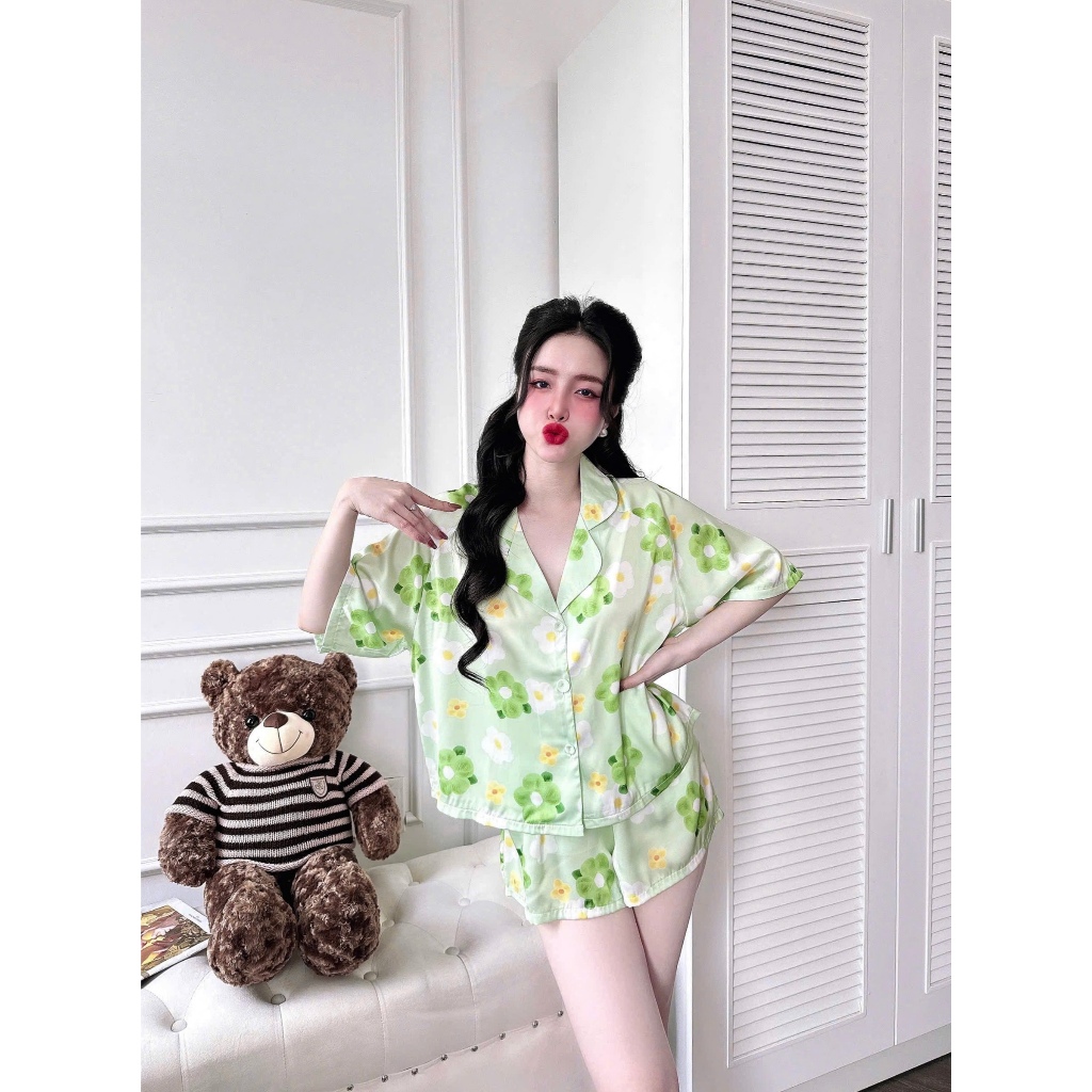 Đồ bộ mặc nhà đồ ngủ nữ detoBER lụa crop quần đùi, hàng thiết kế cao cấp, trẻ trung, xinh đẹp, frees