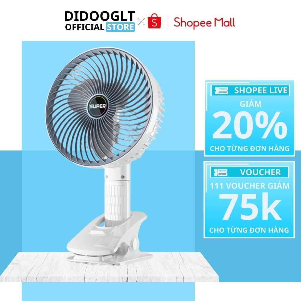 Quạt Kẹp Bàn Tích Điện SUPER, Quạt Tích Điện Để Bàn 3 Tốc Độ Gió Siêu Mát, Độ Kẹp Chắc Cho Dân Văn Phòng - Chính Hãng