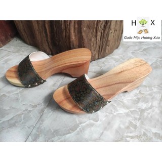 Guốc Gỗ Guốc Mộc Cao 7 Phân Đế Trụ Quai Gấm Lụa ( đế cao su 2 lớp )