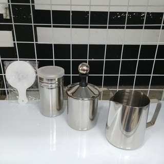 Bộ 4 dụng cụ inox tạo bọt (Ca đánh sữa 400ml, ca rót sữa 350ml, Khuôn,Lọ rắc bột)