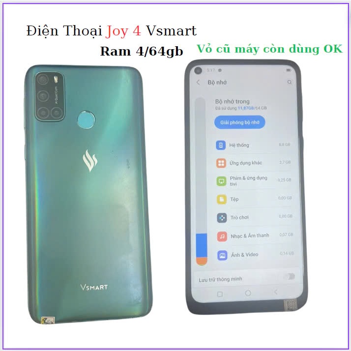 điện thoại vsmart joy 4 ,ram 4/64gb,máy cũ vỏ xước nhẹ