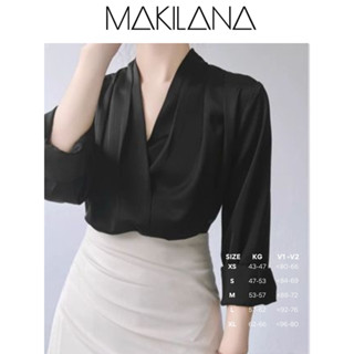 SM02 Áo sơ mi dài tay nữ cổ V MAKILANA chất liệu lụa satin không nhăn phù hợp nàng công sở SM02