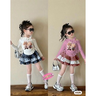  A159 - Set Chân Váy Nhung Xòe Tầng Phối Áo Tăm Trễ Vai In Hình Cute 