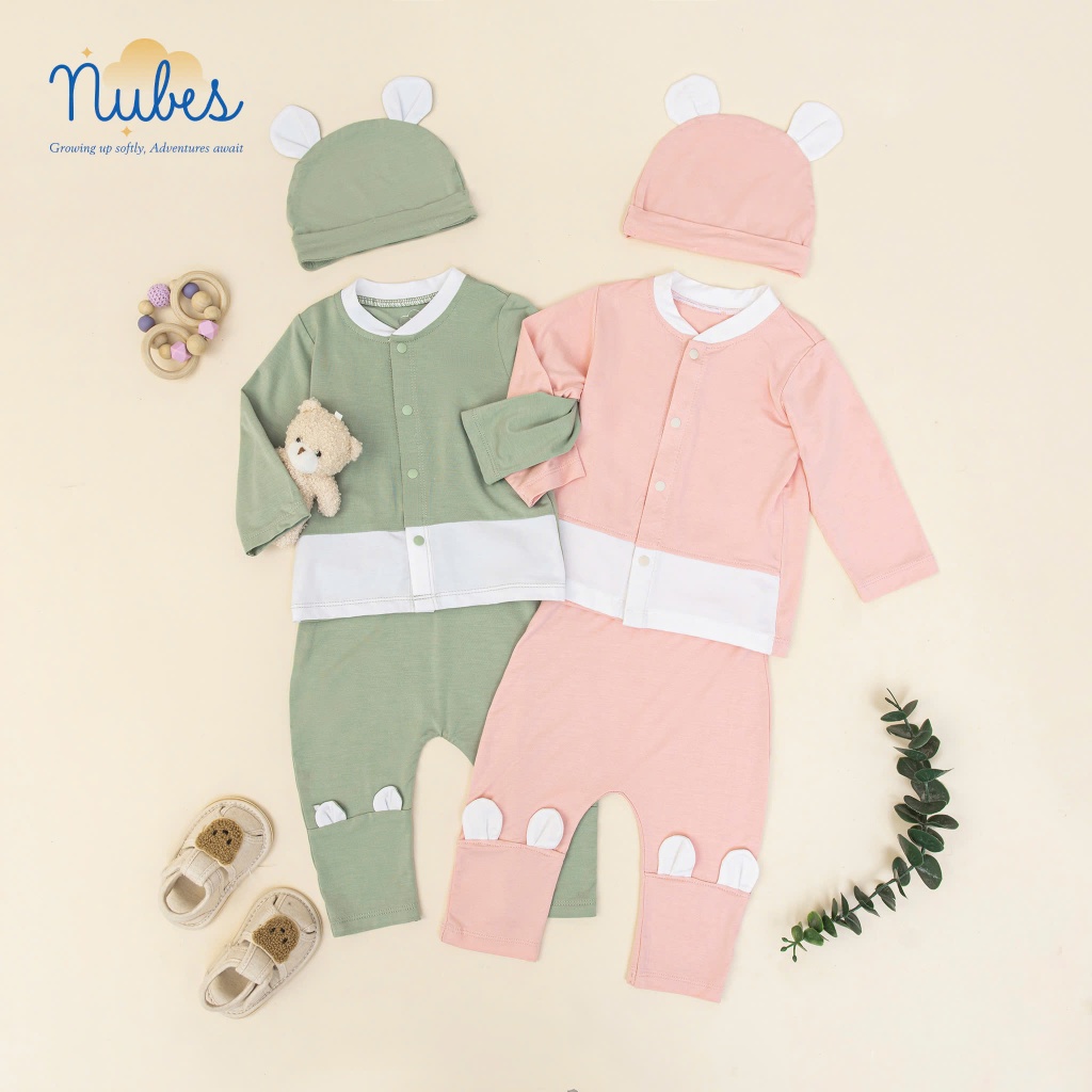 NUBES - Bộ dài tay cài giữa sơ sinh cho bé, tặng mũ