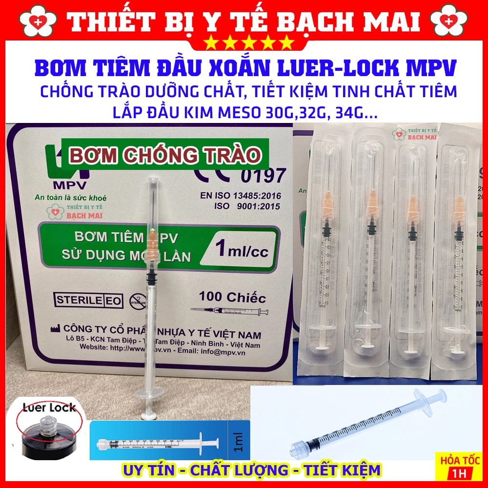 Bơm Tiêm Chống Trào Dưỡng Chất Meso, HA, Collagen, Lắp Đầu Kim Meso 34G MPV 1ml - Bơm Kim Têm Xi Lan