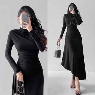 (Sẵn Ship Hoả Tốc) Đầm Body Đuôi Cá Đổ Xéo Tay Dài Cổ Lọ Tôn Dáng Ôm Body Sexy