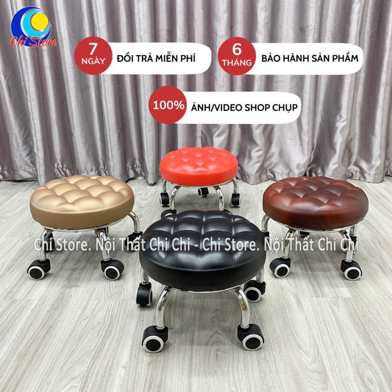 Ghế Xoay Ngồi Bệt Đóng Hàng Cao 22cm Bánh Xe, Làm Nail Bánh Xe Chân Inox Chắc Chắn Bọc Da Múi Bền Tròn Múi Da Đúc Xinh