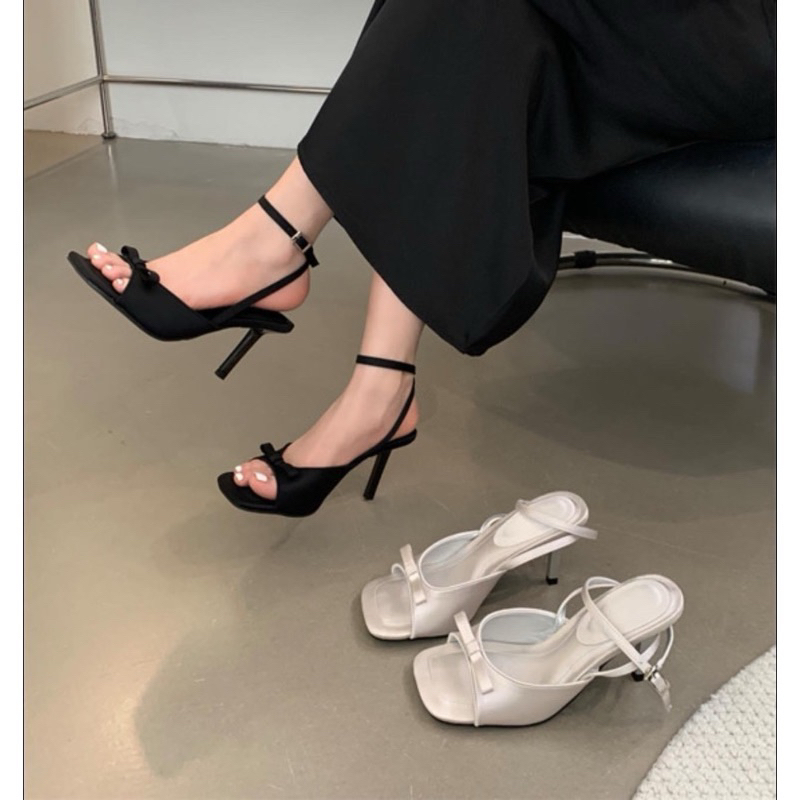 Giày cao gót hở mũi nơ nhỏ CHẤT LỤA mới gót 7cm