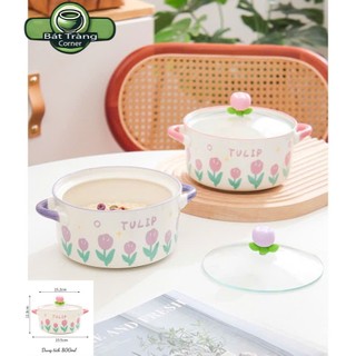 tô ăn mỳ bằng sứ hình chiếc nồi, có nắp kính và họa tiết 2 màu hoa Tulip Tím và Hồng