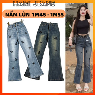 Quần jean ống loe co giãn cạp lưng cao dài 90cm cho nấm lùn 1m45 - 1m55 chất vải đẹp