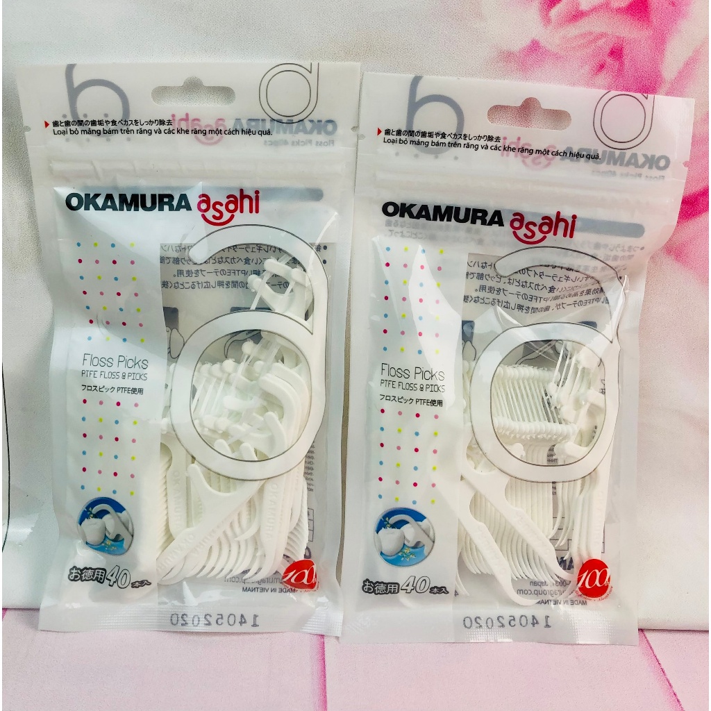 Tăm chỉ Okamura Sợi Chỉ Dẹp chăm sóc răng miệng 40 cây/ gói - Tăm chỉ nha khoa Okamura Asahi 40P