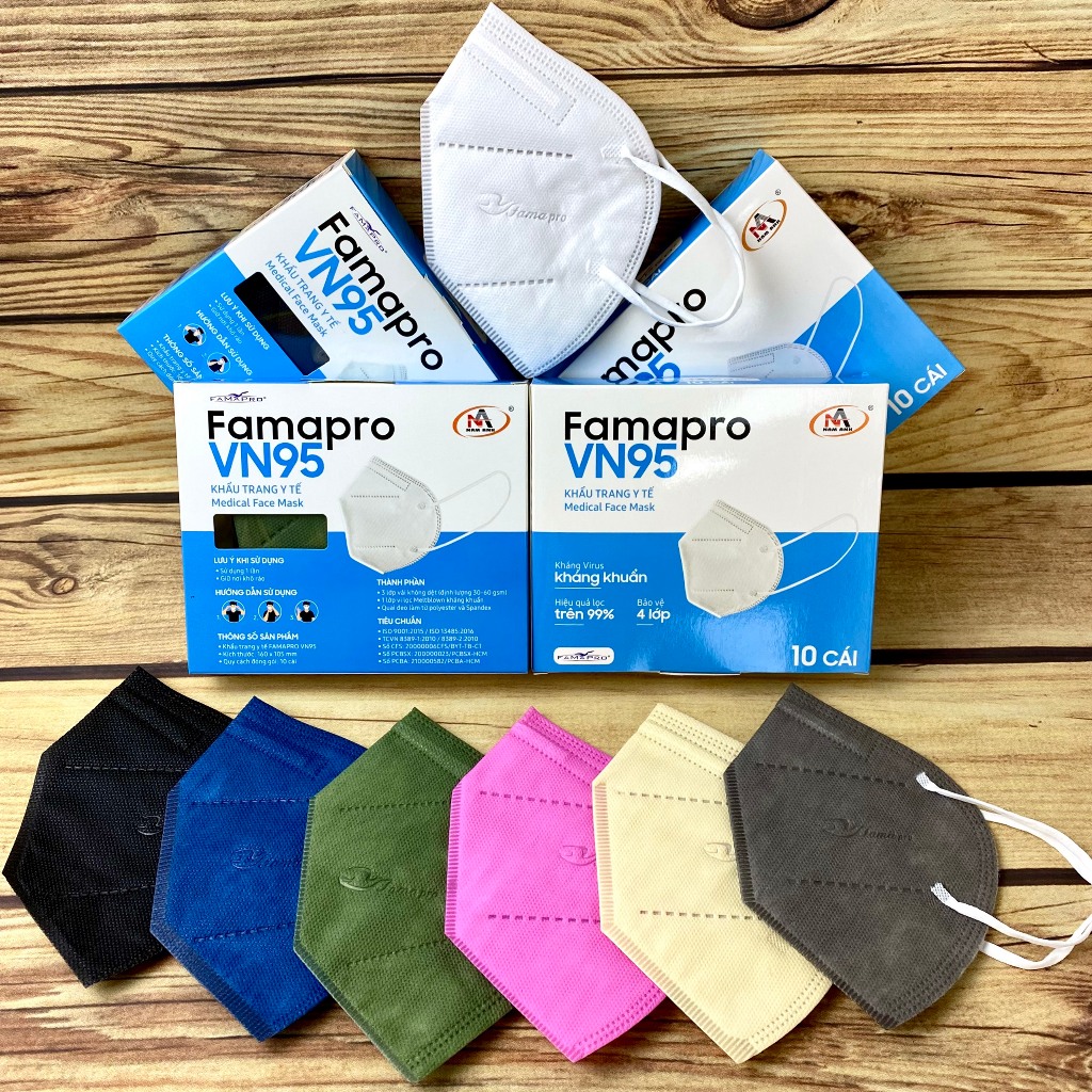 Khẩu trang FAMAPRO VN95 Nam Anh 10 cái/ hộp kháng khuẩn 8 màu Trắng / Đen / Xanh / Rêu / Xám / Hồng 