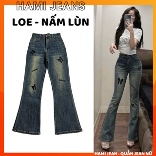 Quần jean ống loe lỡ lưng cao co giãn dài 90cm cho nấm lùn