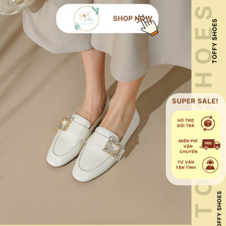 Giày bệt loafer nữ , giày lười mũi tròn gắn khoá đá vuông size 35 đến bigsize 42 cho chân ngoại cỡ - Toffly Shoes