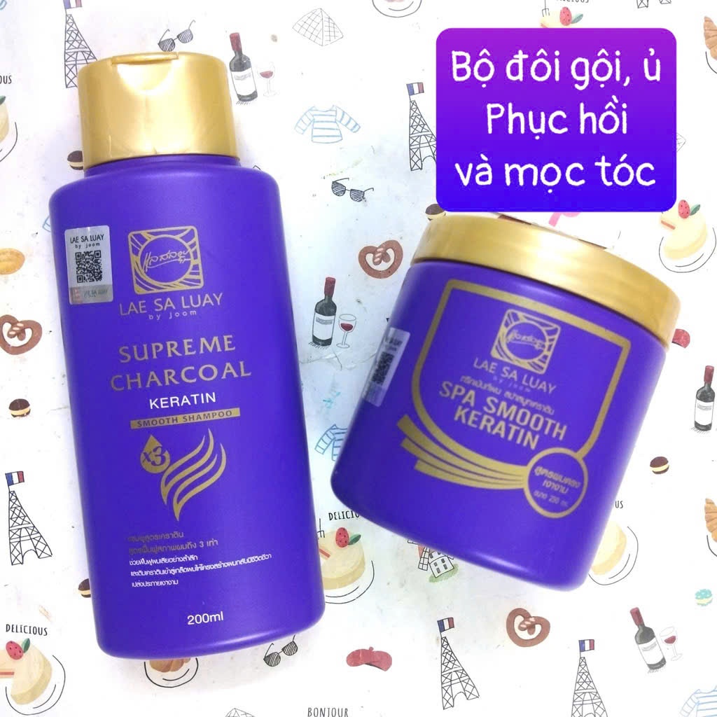 Bộ đôi (có tách lẻ) Dầu gội 200ml và Ủ Tóc Lụa Lae Sa Luay Collagen Thái Lan Hũ Tím 250ml