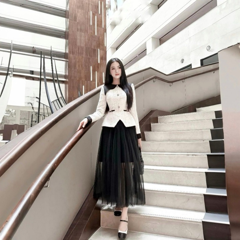 Áo peplum công sở nữ HANA dạ tweed phối cổ đen 2 lớp H270