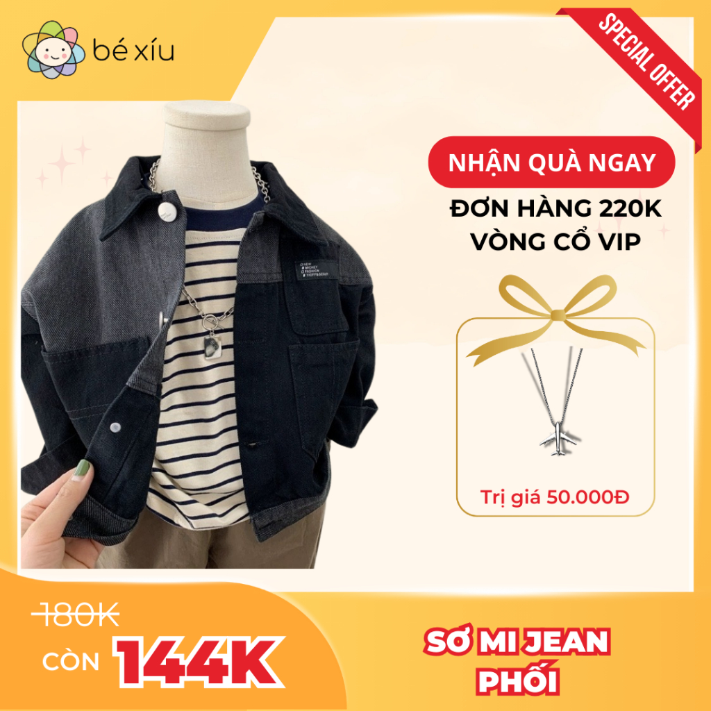 Áo khoác sơ mi jean bé trai chất bò mềm PHỐI MÀU phong cách Hàn Quốc, bền đẹp đồ cho bé từ 6-26Kg by BÉ XÍU A114