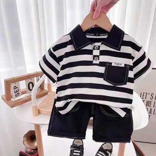  Set polo kẻ sọc  phối quần Jean mềm cho bé trai  Bộ quần áo mùa hè bé trai ----MÃ POLO SỌC ĐEN TRẮNG QUẦN JEAN 