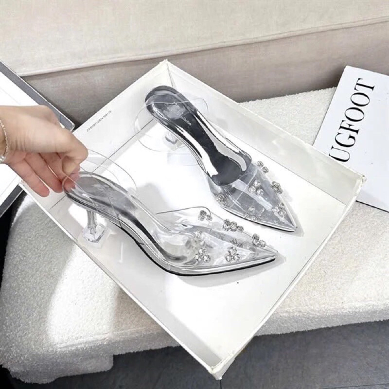 Sandal cao gót 9 phân mũi nhọn quai trong gắn đá hót 2024 ( phom rộng mua giảm 1 sz)