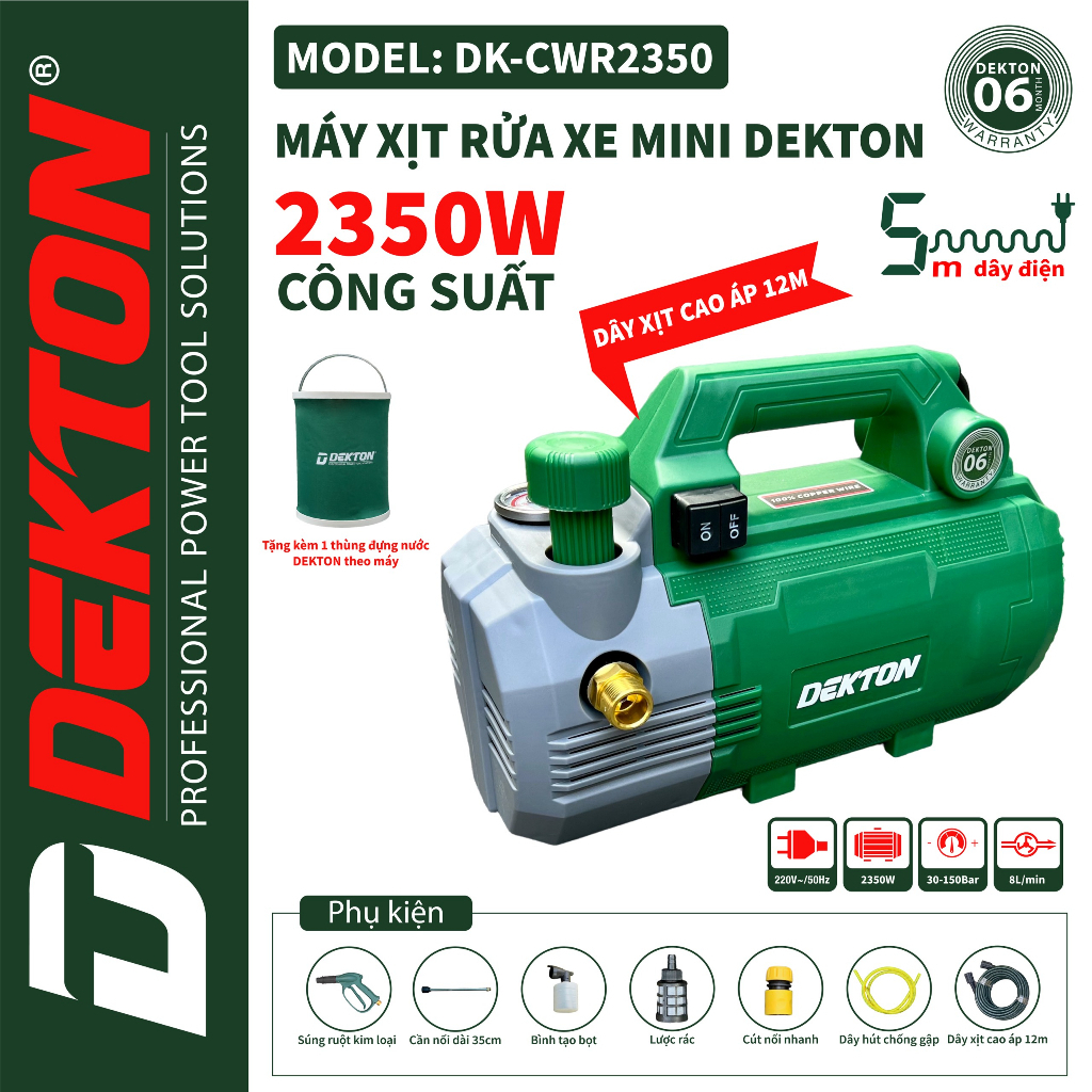 Máy Xịt Rửa Xe Chỉnh Áp Dekton CWR2350 - 2350W - Motor Từ Lõi Đồng 100% (có chỉnh áp lực)