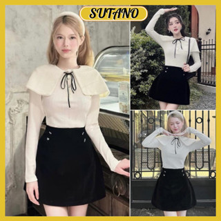 Set bộ áo len dài tay kèm chân váy nhung đen đính nơ sang trọng có quần trong B744 SUTANO
