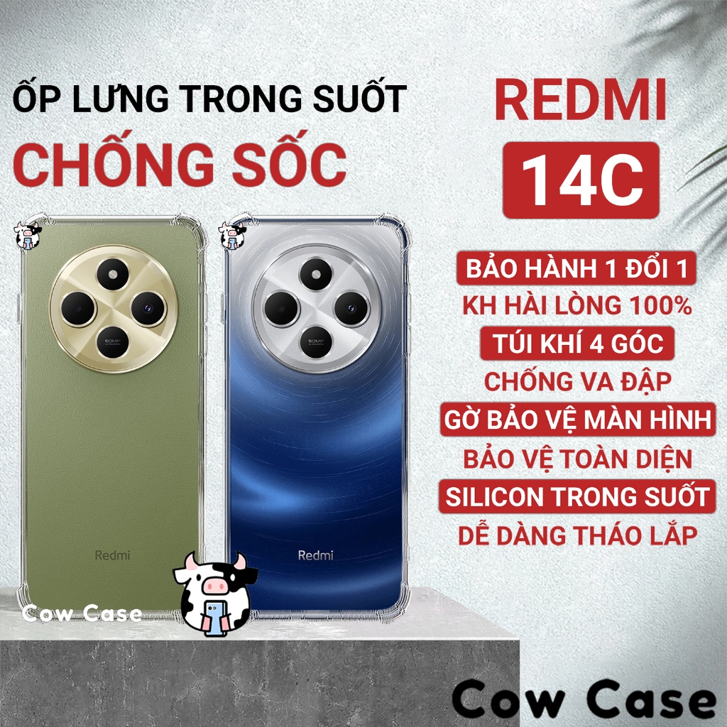 Ốp lưng Redmi 14c chống sốc silicon dẻo trong Cowcase | Vỏ điện thoại Xiaomi bảo vệ camera toàn diện TRON