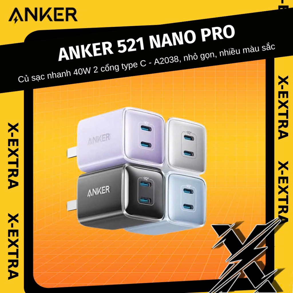 Củ sạc nhanh Anker A2038 521 Nano Pro 40W 2 cổng Type-C 20W + 20W PD PPS QC nhỏ gọn nhiều màu sắc - 