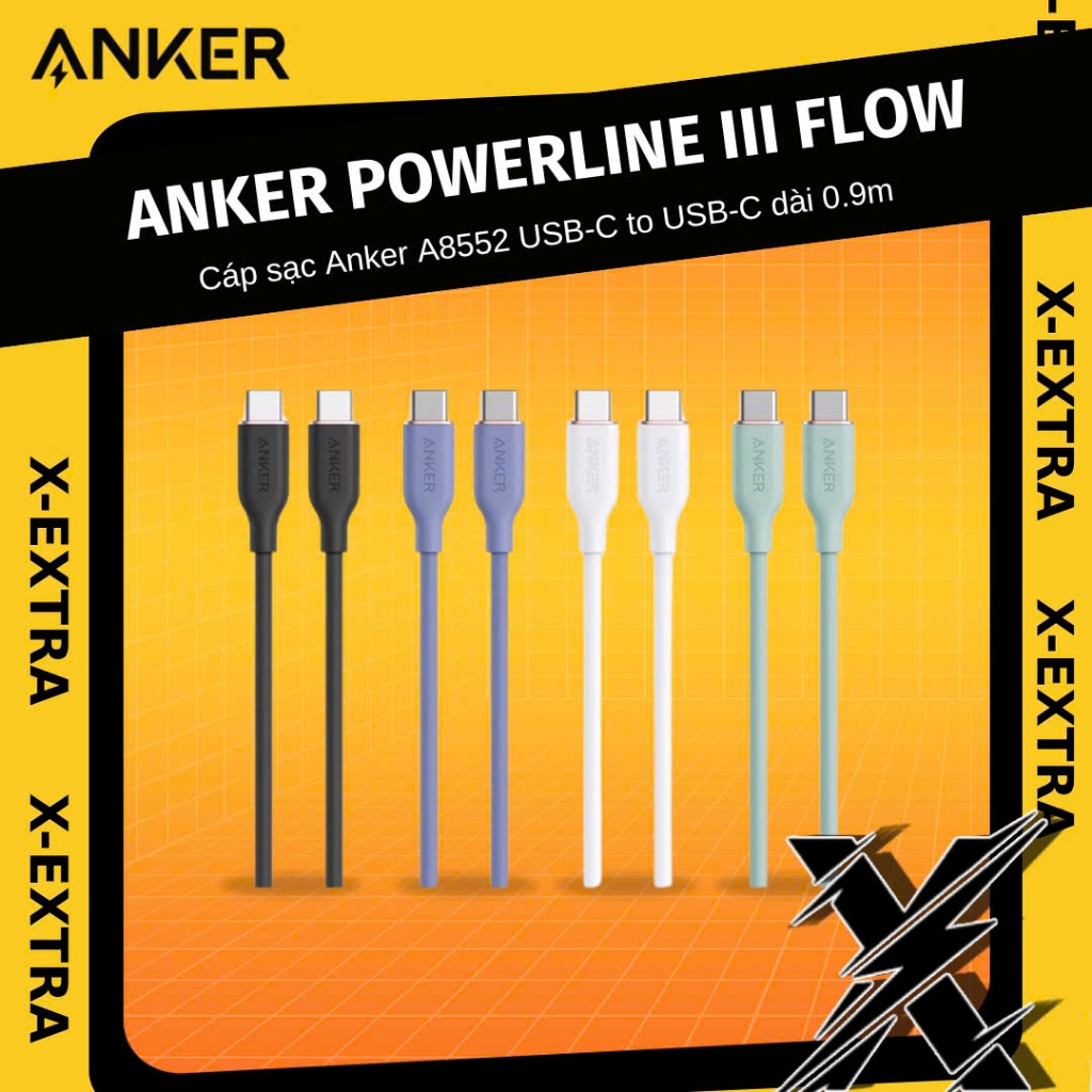 Cáp sạc ANKER PowerLine III Flow A8552 USB-C to USB-C dài 0.9m - BẢO HÀNH 6 THÁNG - NEW 100%