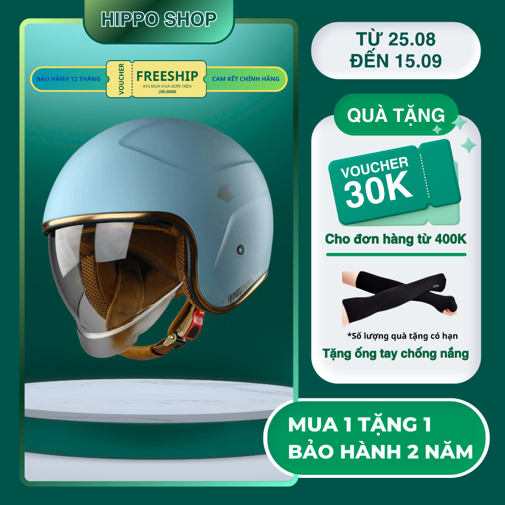 Mũ Bảo Hiểm NAPOLI 3/4 Kính Âm N189 Màu Xanh Xi Măng Nhám Chính Hãng Phù Hợp Nam Nữ Size M,L (56cm > 60cm) - Tapu Shop